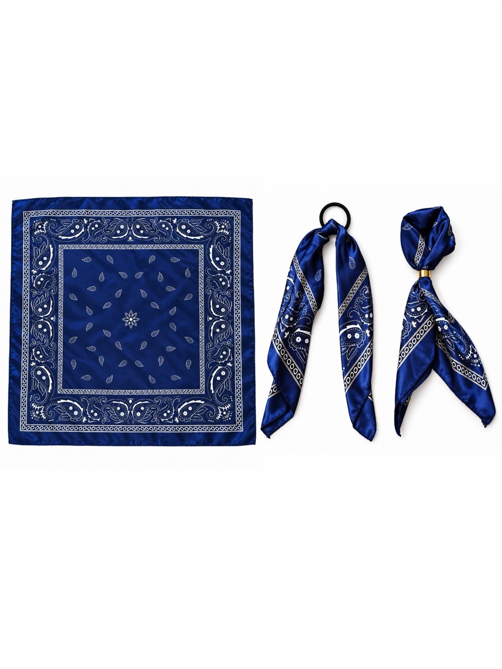 Navy Blue Bandana Handkerchief Paisley Boho Satin Bag Neck Scarf Hair Tie & Ring